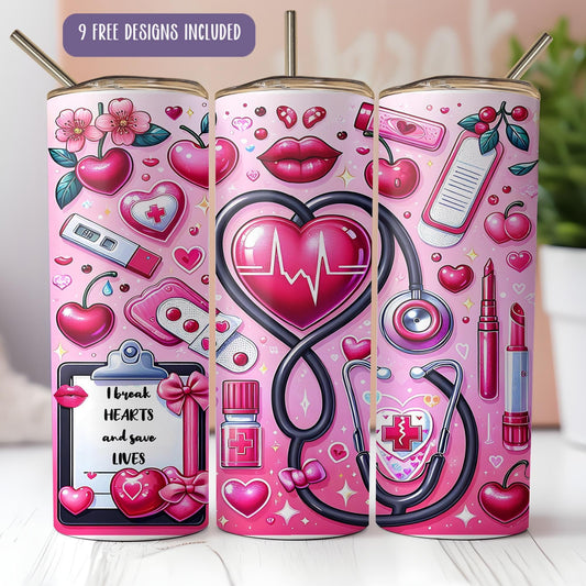 a pink box with a stethoscope, a heart, a steth
