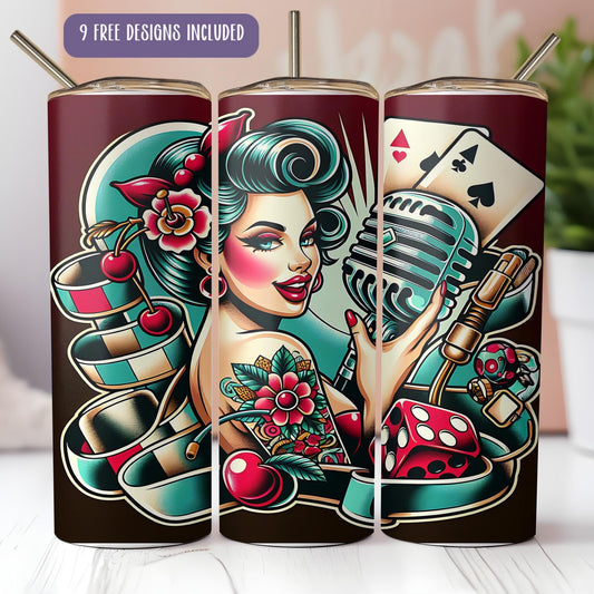 a picture of a woman holding a microphone and playing cards