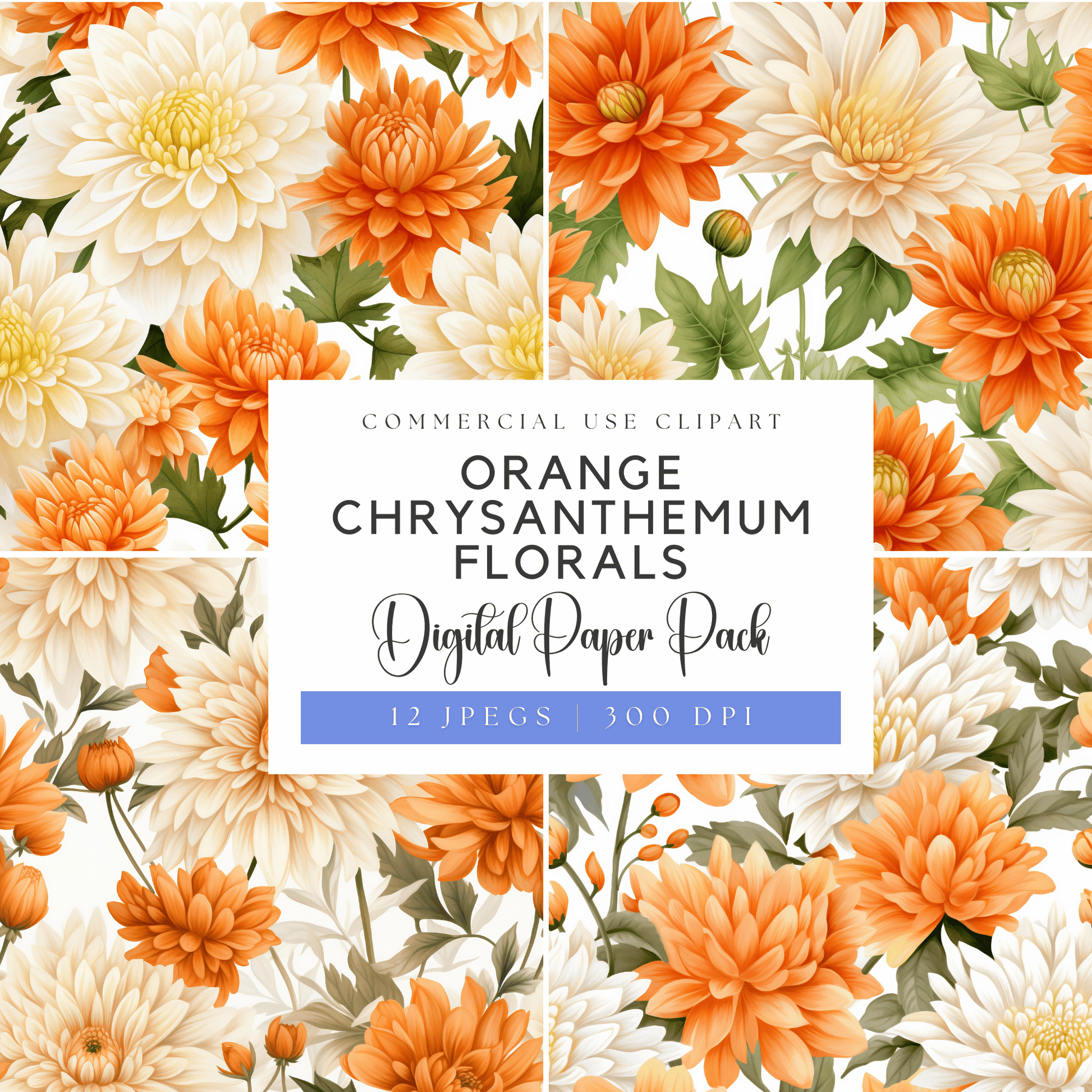 orange chrysanthemum florals digital paper pack
