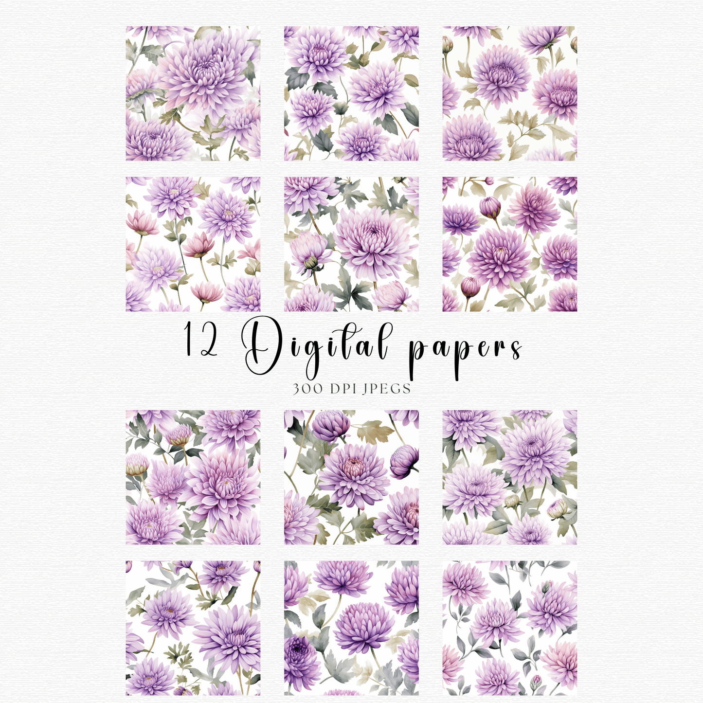 12 digital papers with purple flowers and leaves