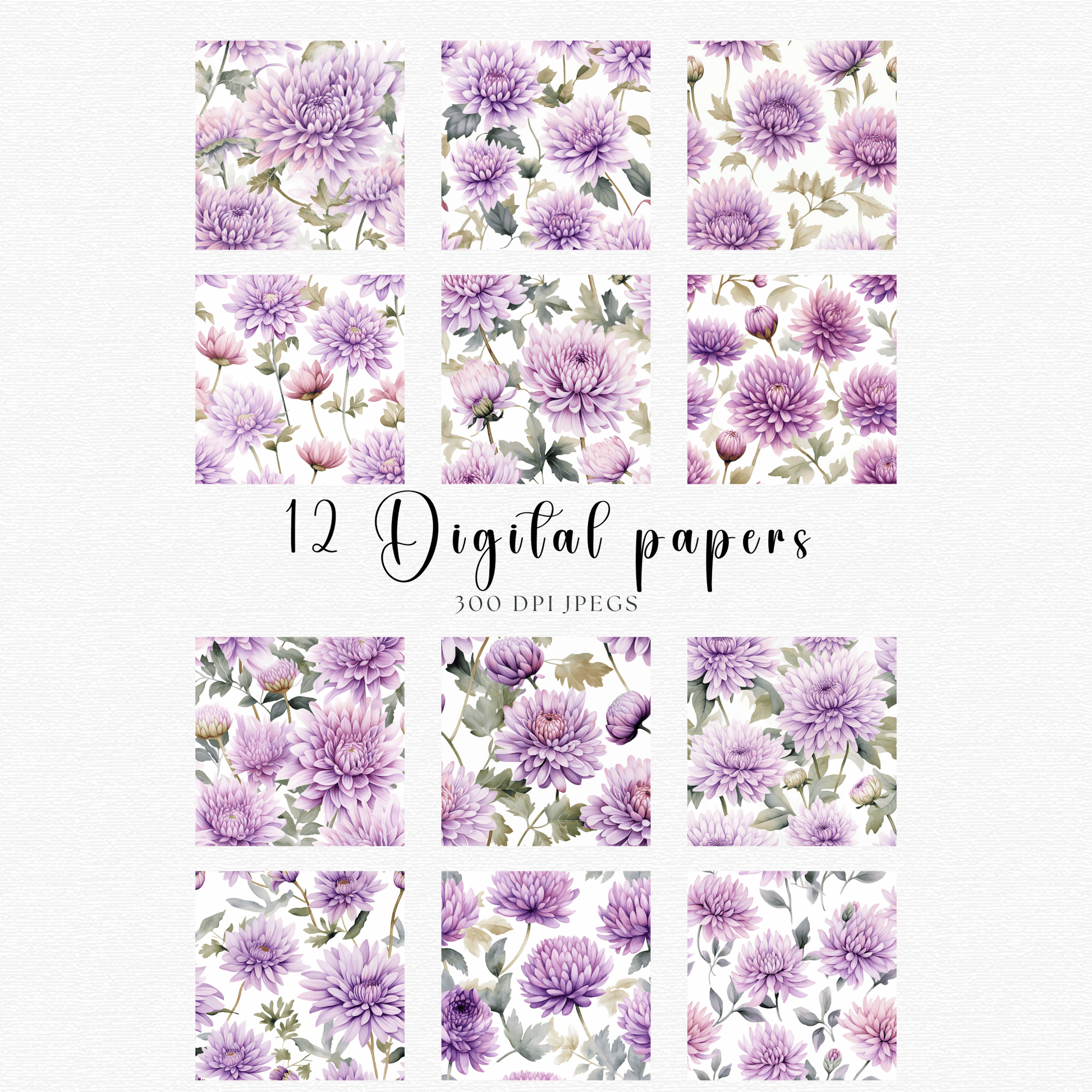 12 digital papers with purple flowers and leaves