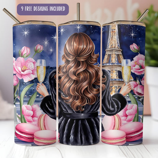 a set of three travel mugs with a picture of the eiffel tower