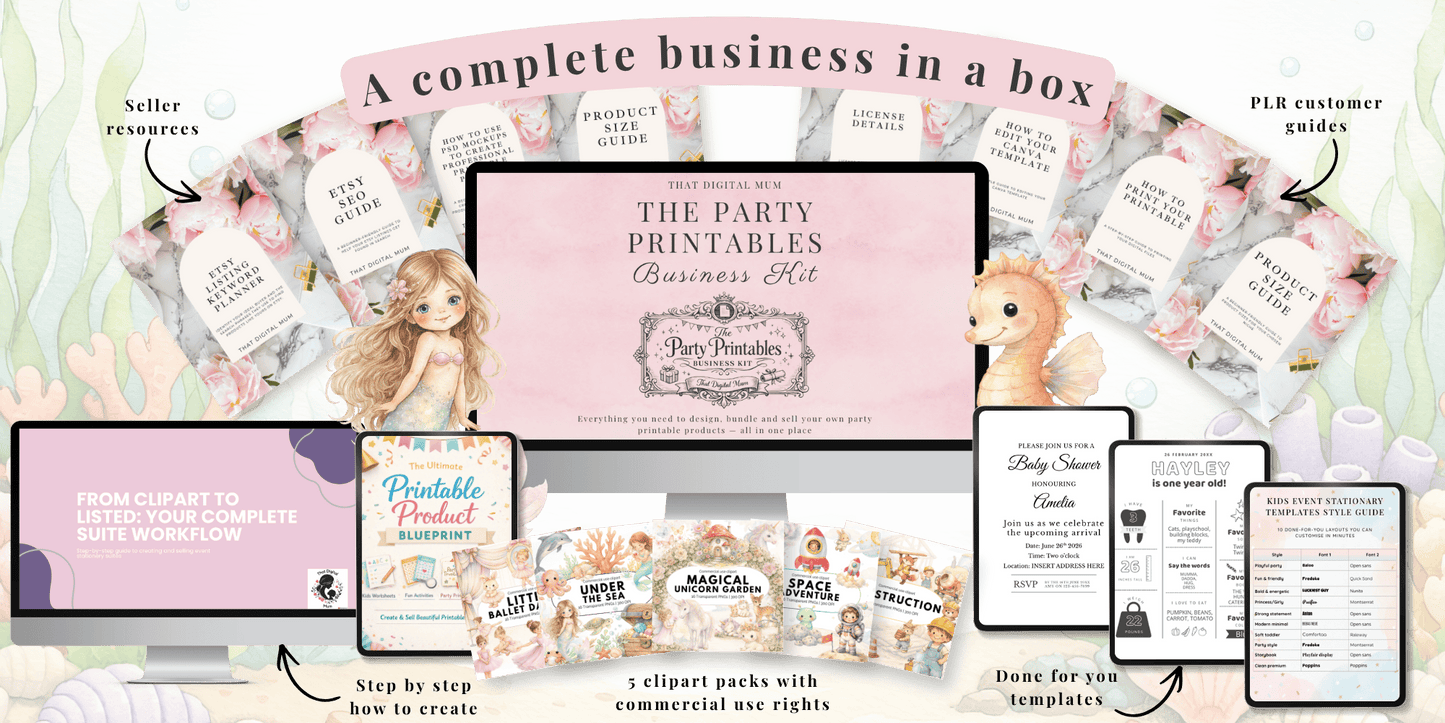 Party Printables Business Kit – Kids Birthday & Baby Shower Digital Product Bundle
