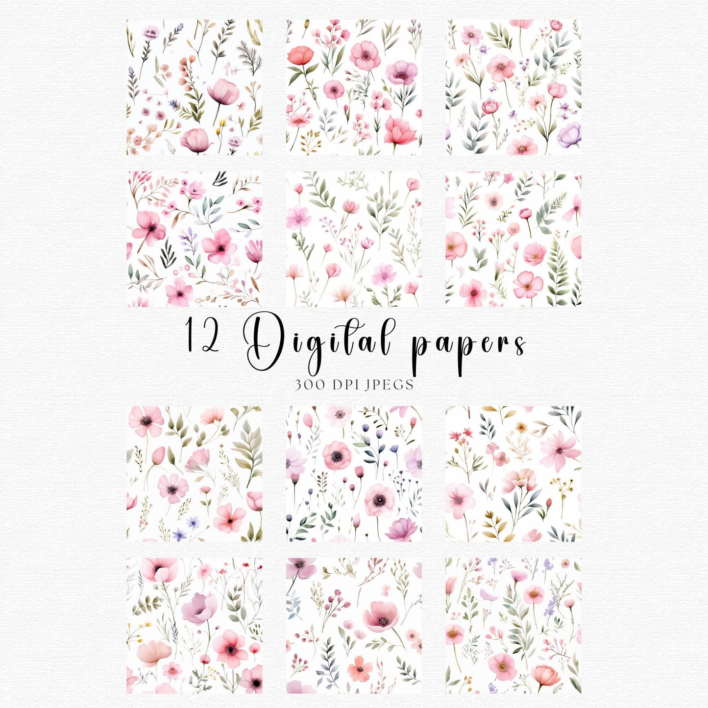 Pastel Pink Boho Wildflowers Digital Papers