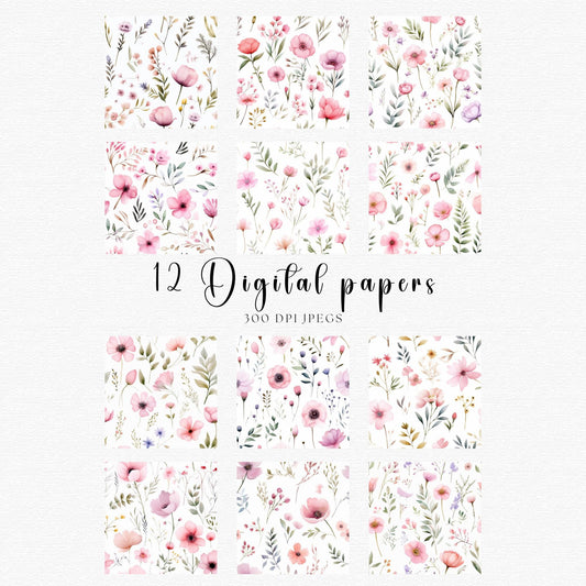 Pastel Pink Boho Wildflowers Digital Papers