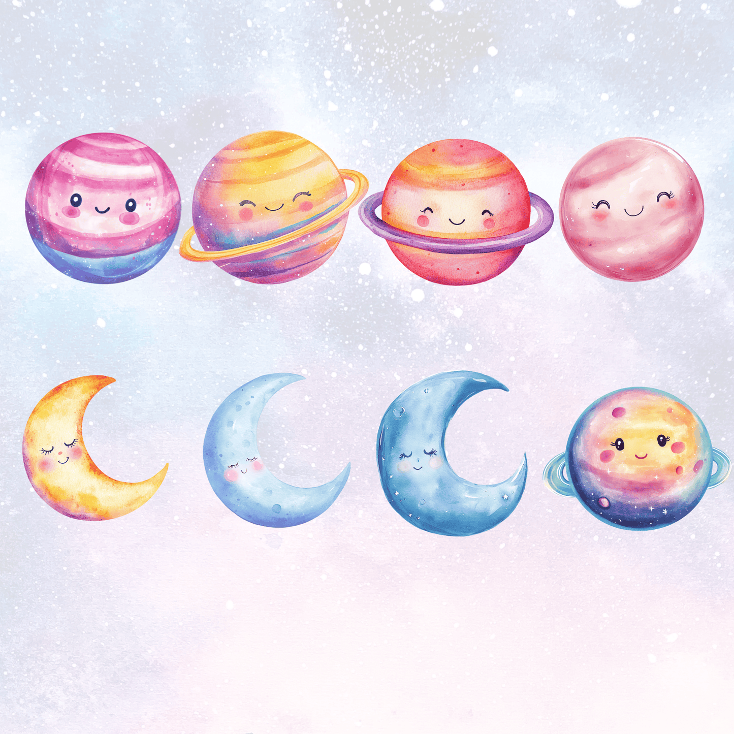 a group of planets with faces drawn on them