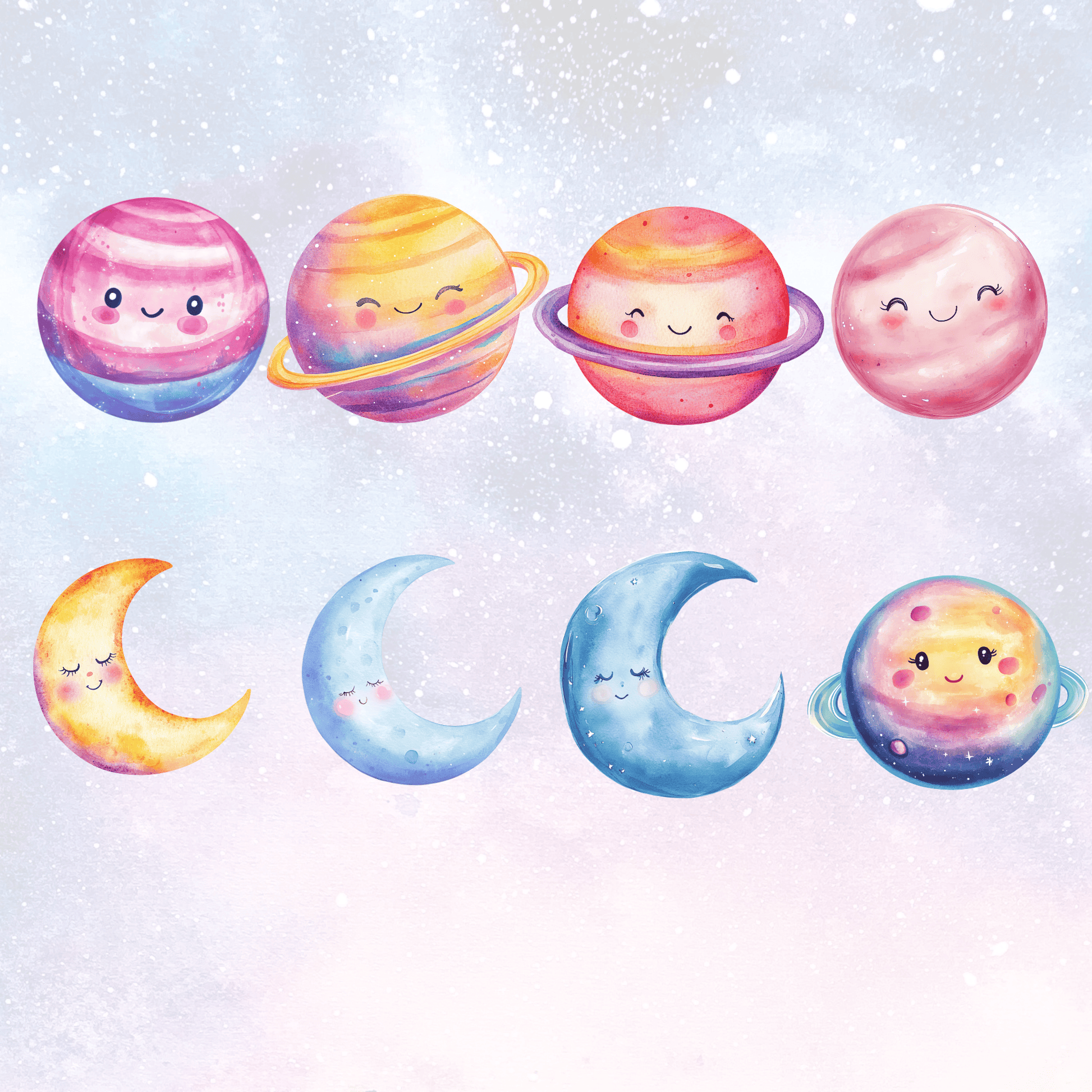 a group of planets with faces drawn on them