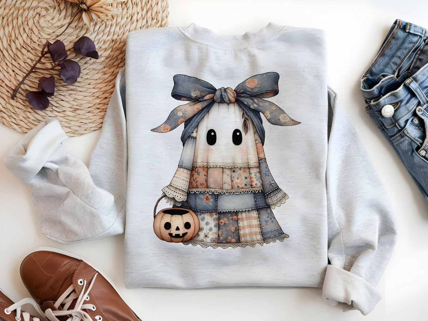 Patchwork Spooky Ghost PNG Halloween Sublimation Design