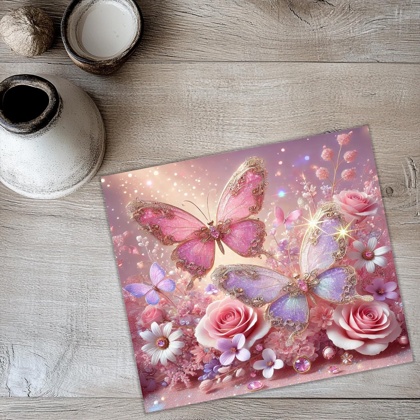 a painting of pink roses and butterflies on a table