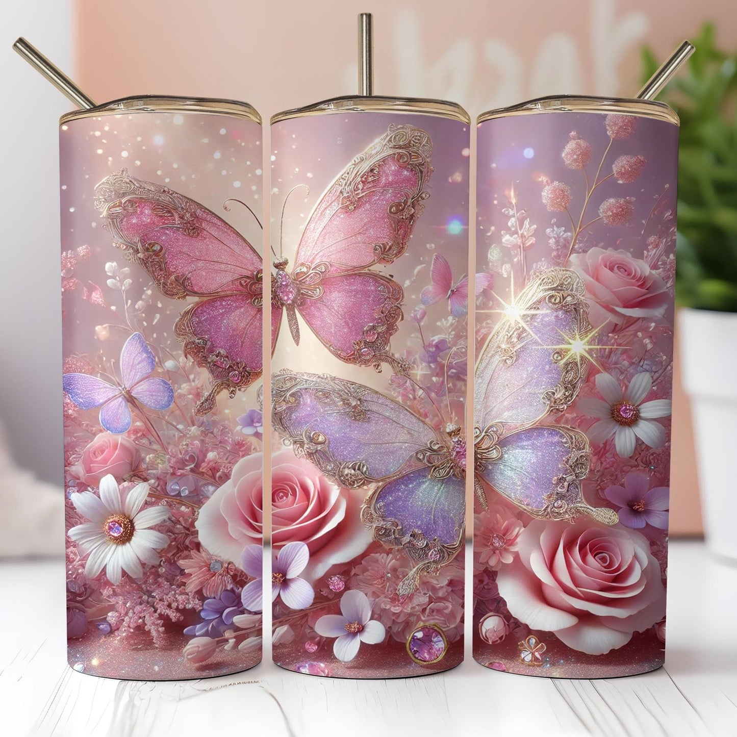 a set of three vases with butterflies and flowers on them