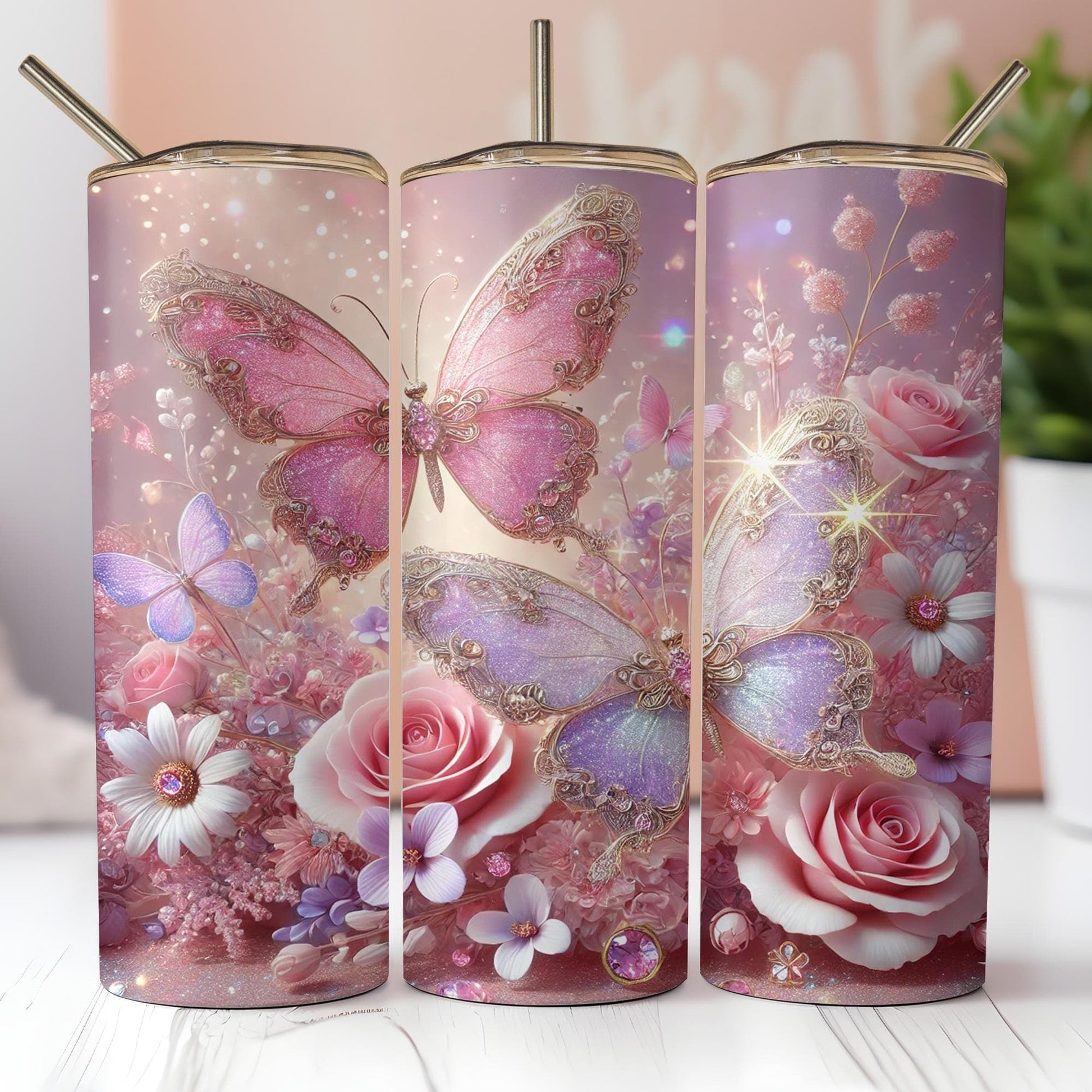 a set of three vases with butterflies and flowers on them