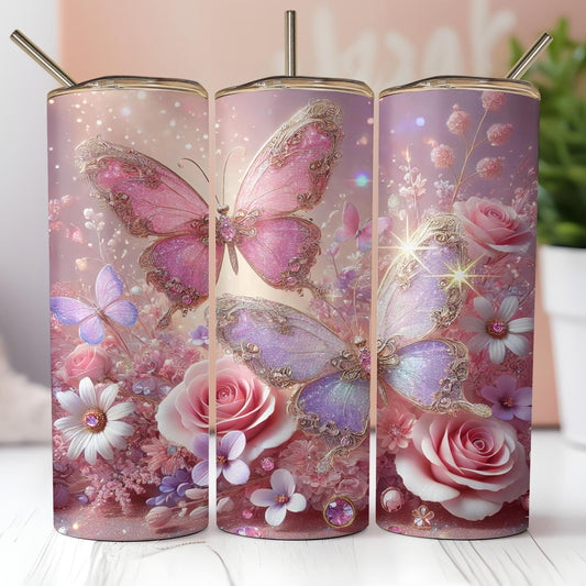 a set of three vases with butterflies and flowers on them