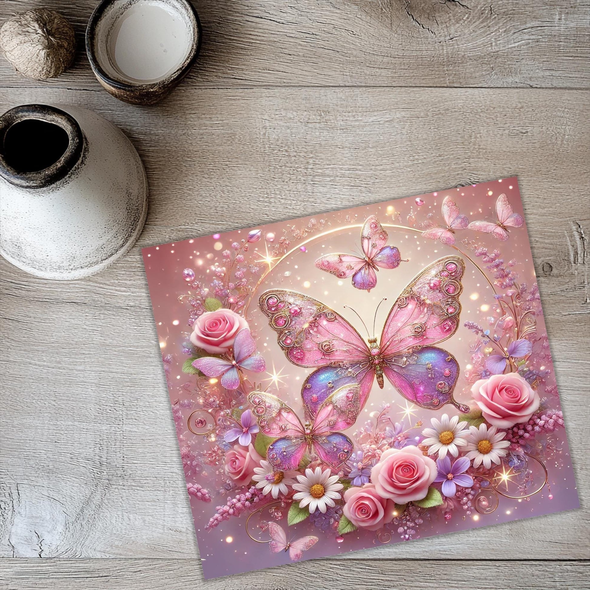 a picture of a pink butterfly surrounded by pink roses