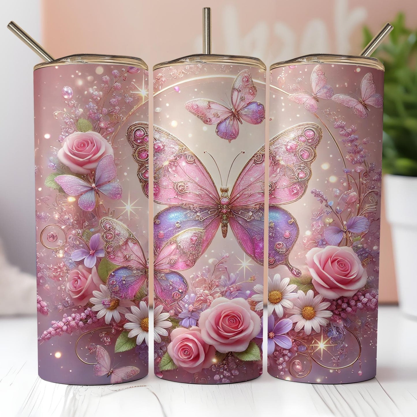 a set of three vases with pink roses and butterflies on them