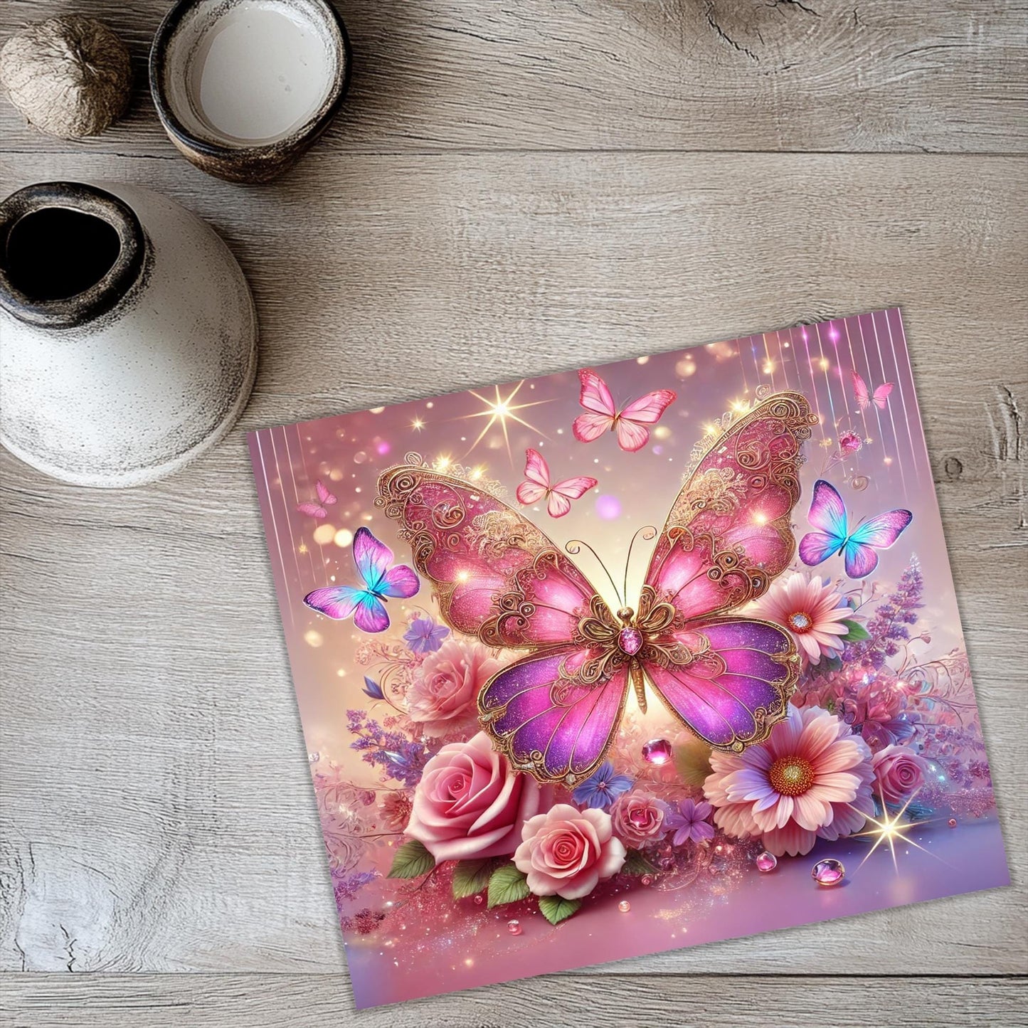 a picture of a butterfly with flowers on a table