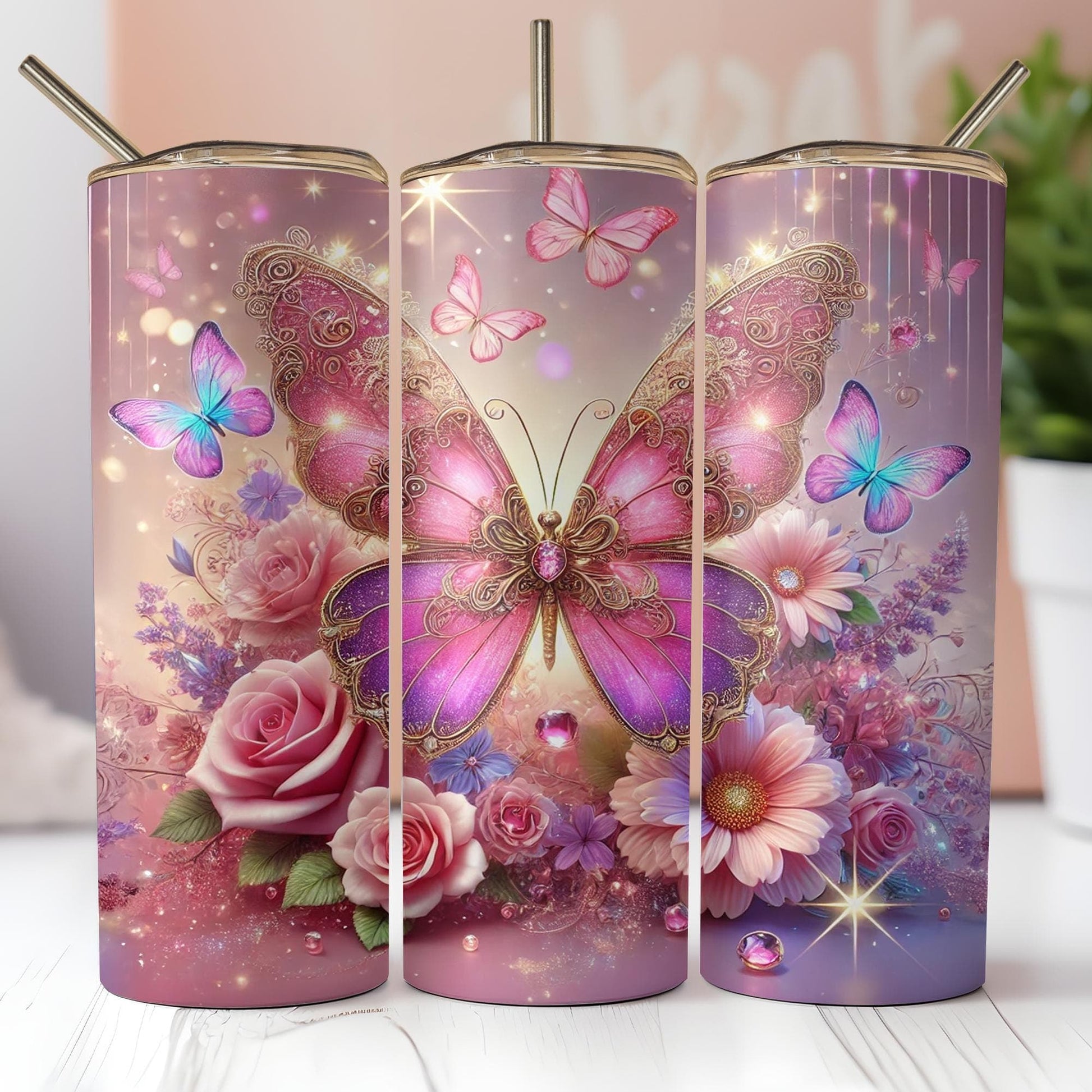 a set of three vases with butterflies and flowers on them