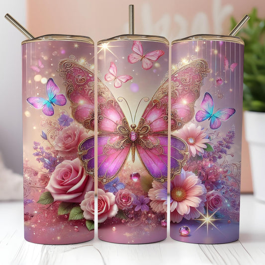a set of three vases with butterflies and flowers on them