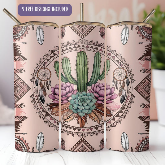 a set of three pink tumblers with a cactus and succulents on