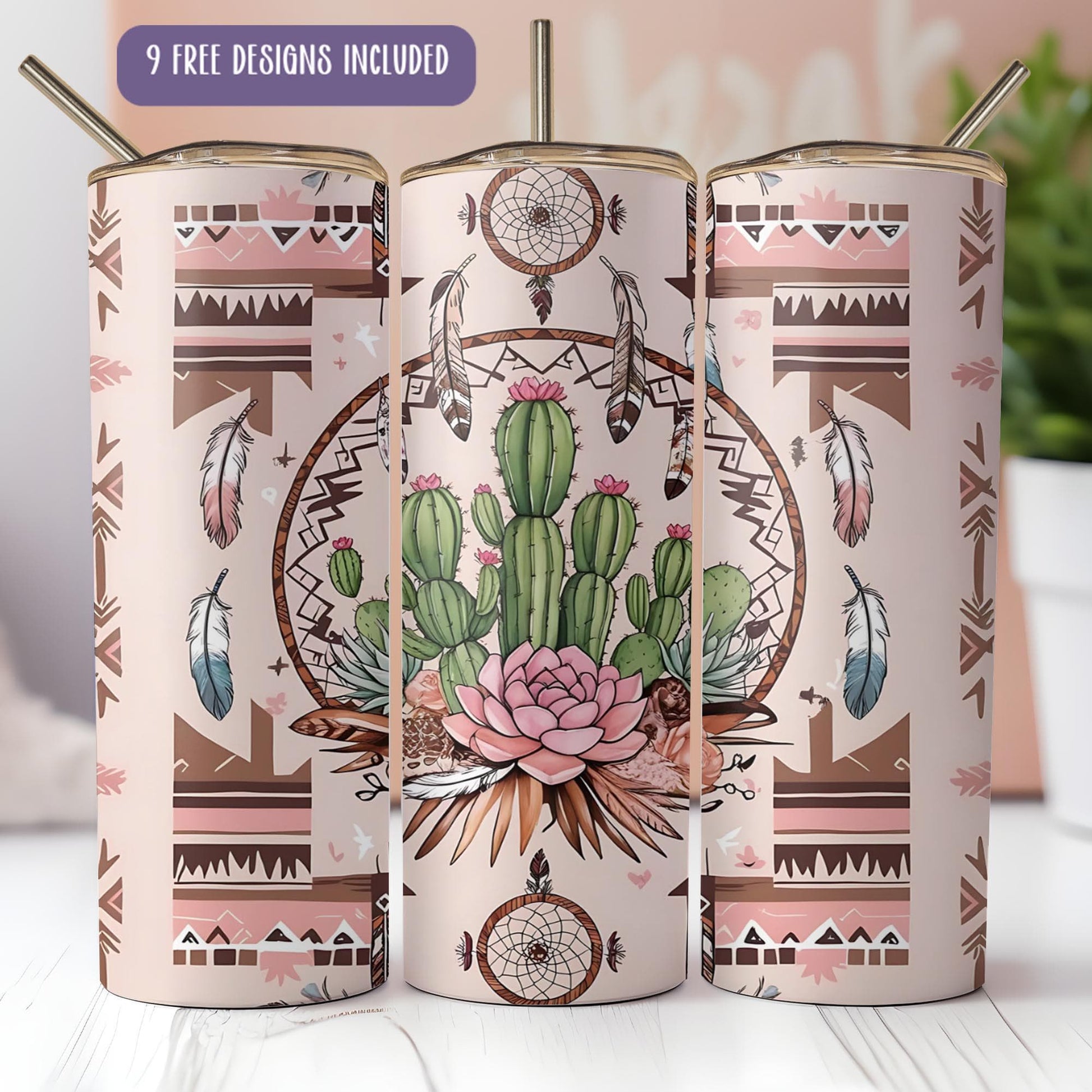 a set of three pink and green cactus mugs on a table