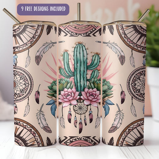 a set of three candles with a cactus and flowers on them