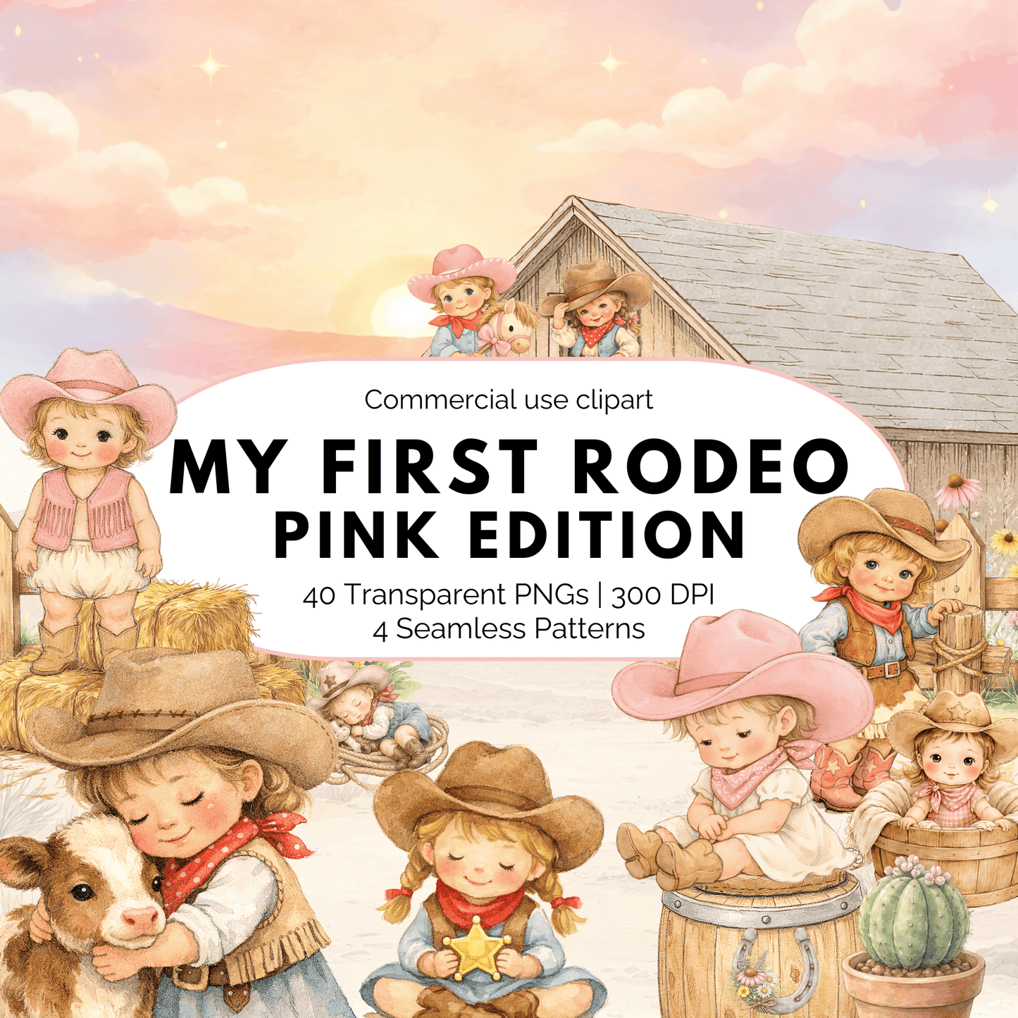 Pink Cowgirl Kids Clipart Bundle – Western Rodeo Girls PNG, Cute Baby Cowgirl Graphics, Commercial Use Clipart Pack