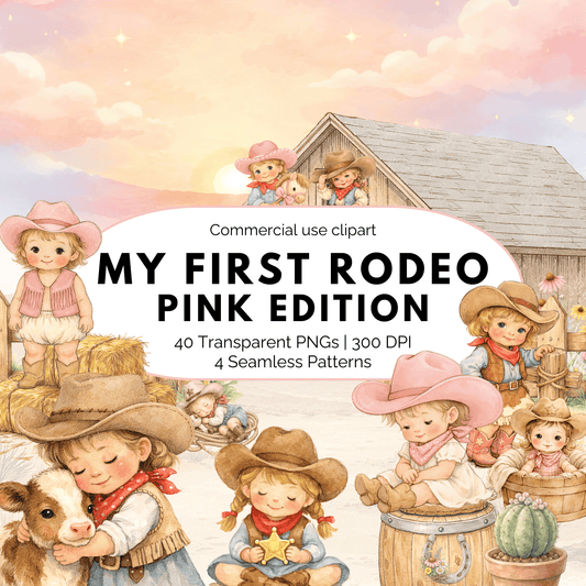 Pink Cowgirl Kids Clipart Bundle – Western Rodeo Girls PNG, Cute Baby Cowgirl Graphics, Commercial Use Clipart Pack