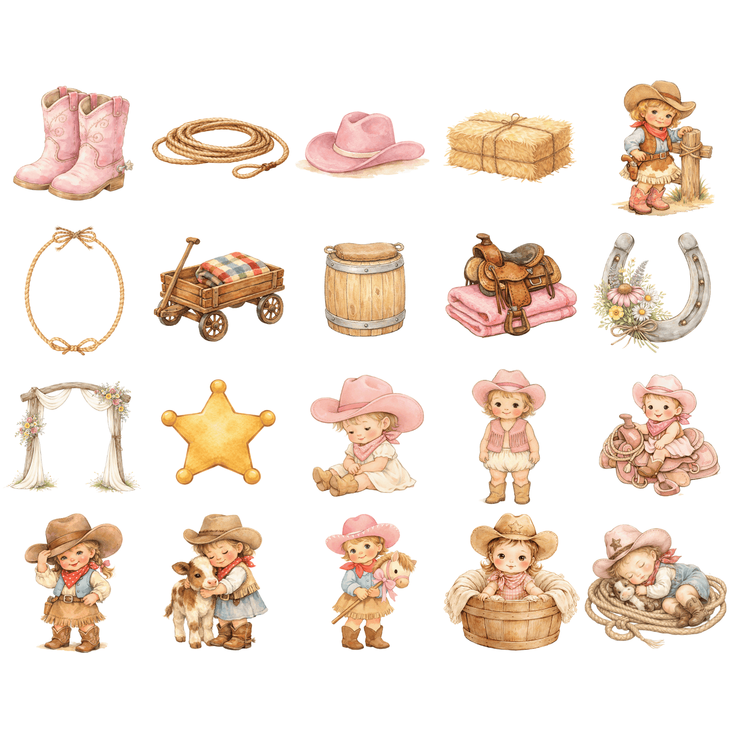 Pink Cowgirl Kids Clipart Bundle – Western Rodeo Girls PNG, Cute Baby Cowgirl Graphics, Commercial Use Clipart Pack