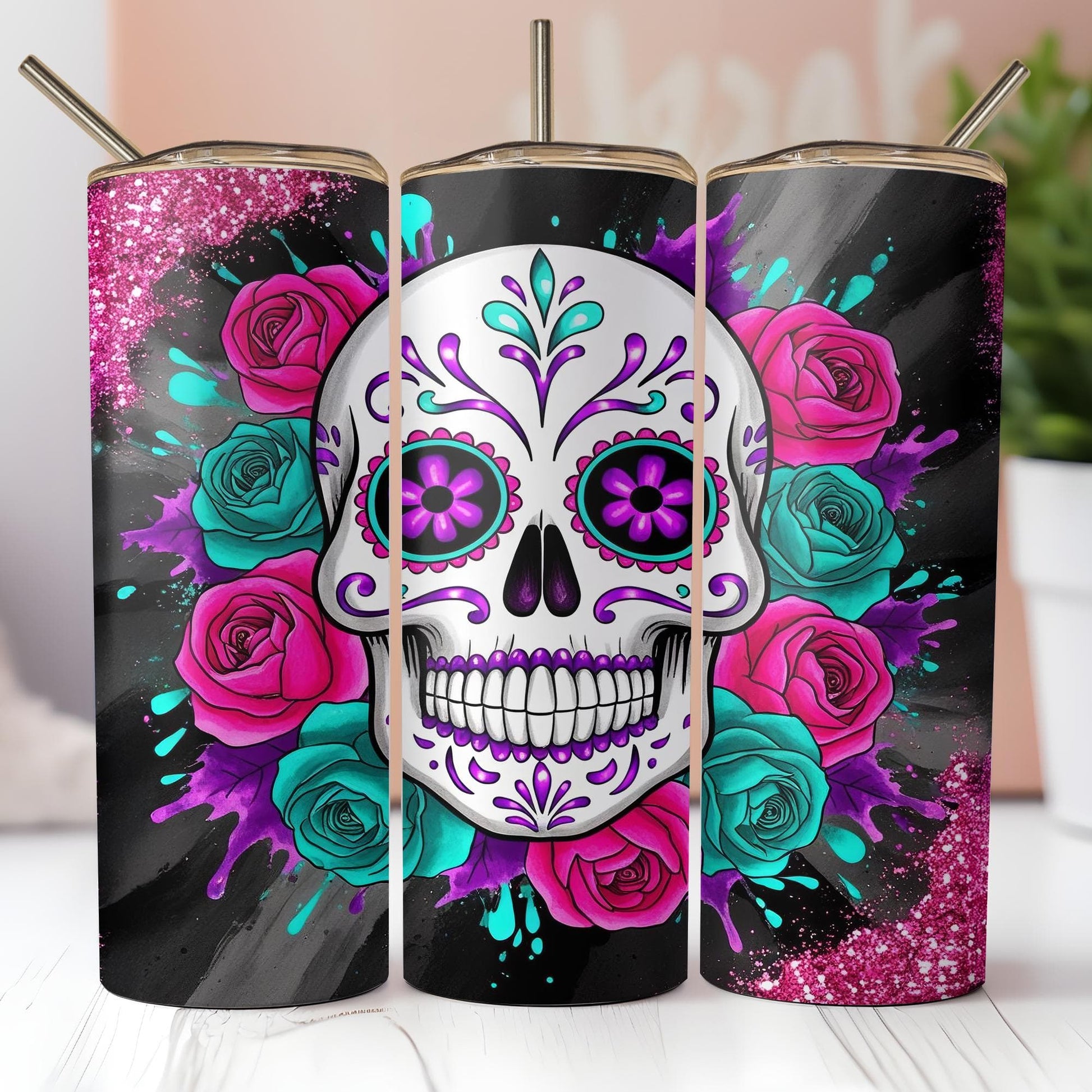 a colorful sugar skull with roses on a black background