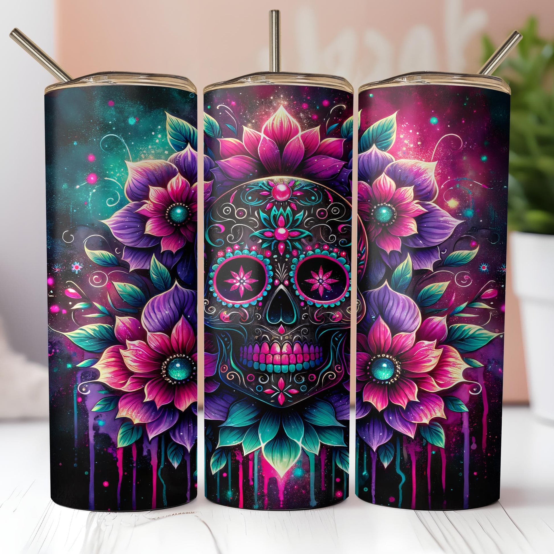 three colorful sugar skull lighters on a table