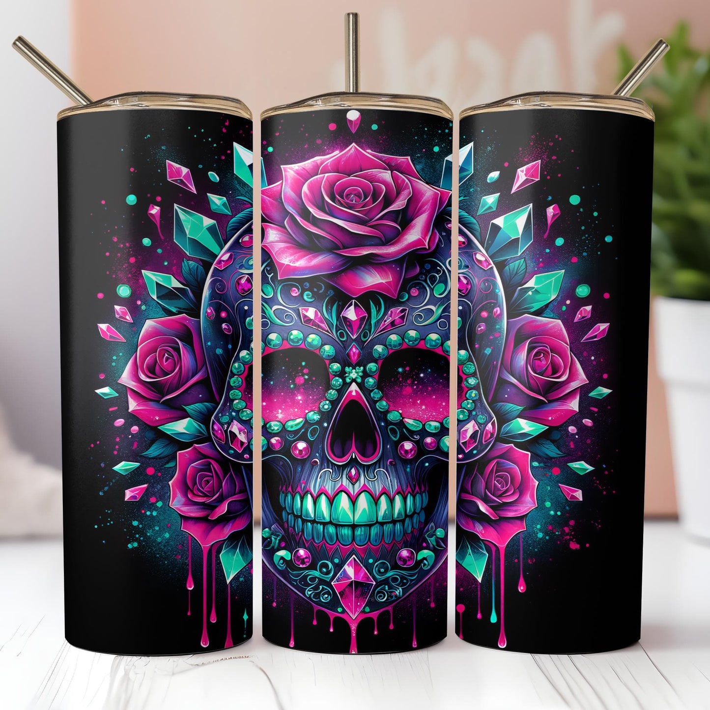 three colorful sugar skulls with roses on them