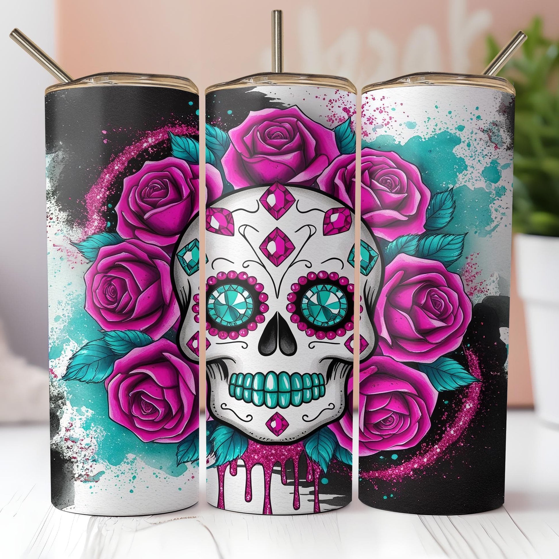 a couple of cups with a skull and roses on them