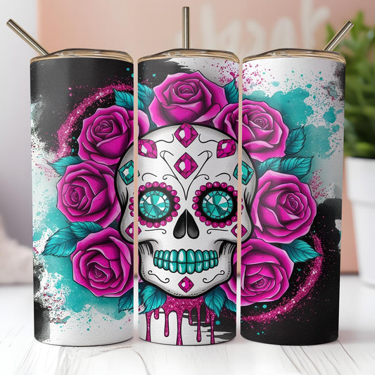 a couple of cups with a skull and roses on them