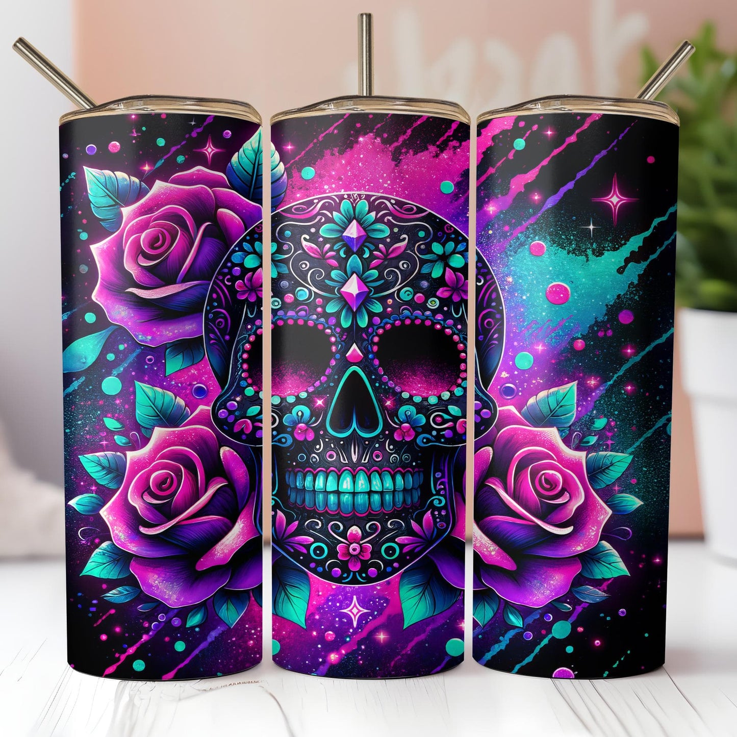 three colorful skulls with roses on them on a table