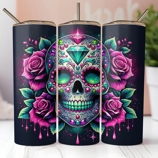 a set of three tumbles with a sugar skull and roses on them