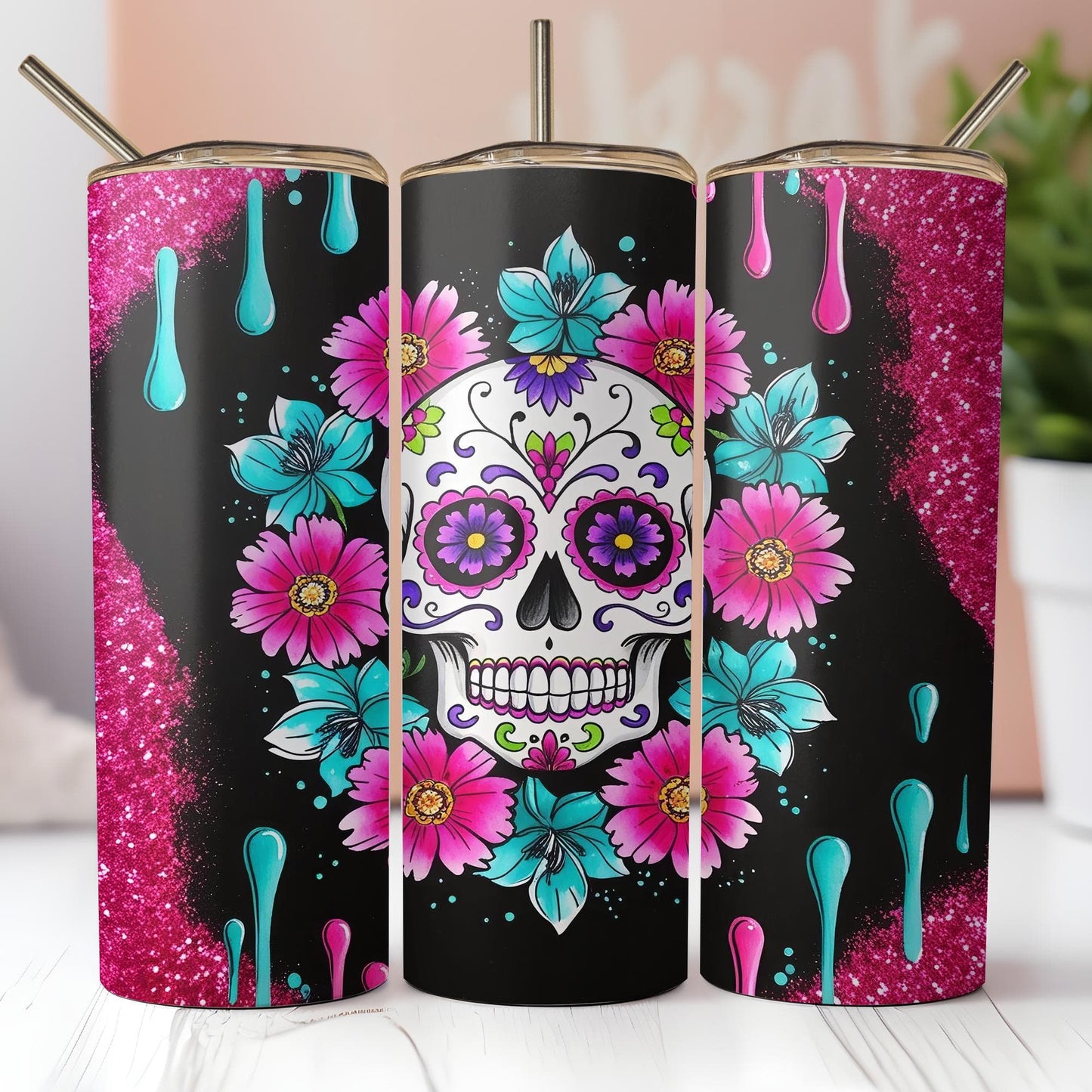 three colorful sugar skulls with flowers on them