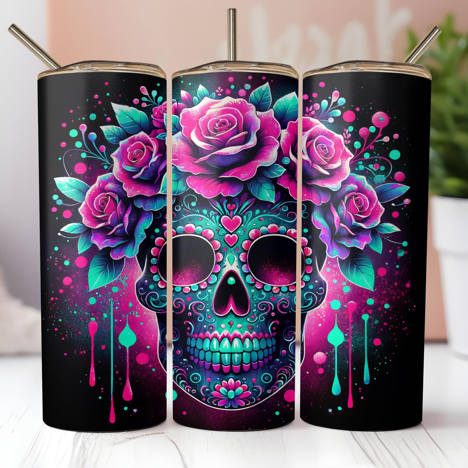 three colorful skulls with roses painted on them