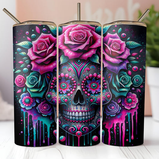 three colorful sugar skulls with roses painted on them