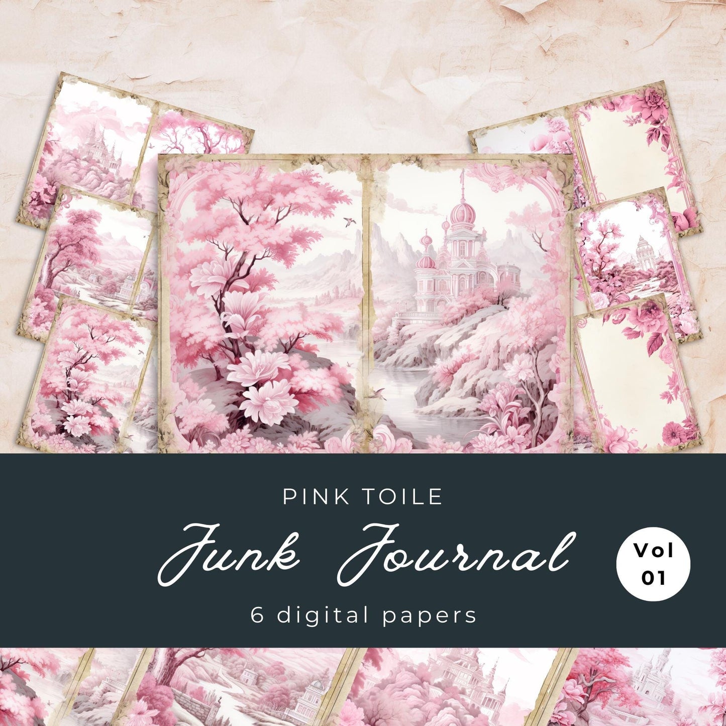 Pink Toile Junk Journal Pages