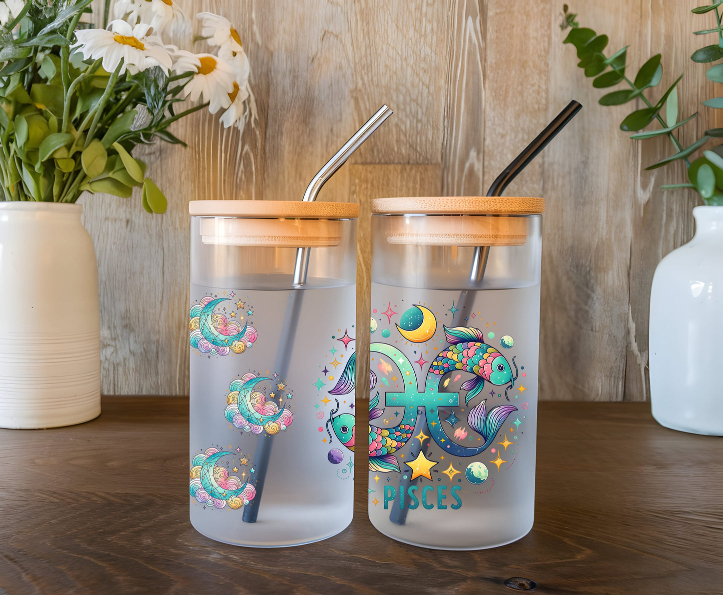 a couple of cups sitting on top of a wooden table
