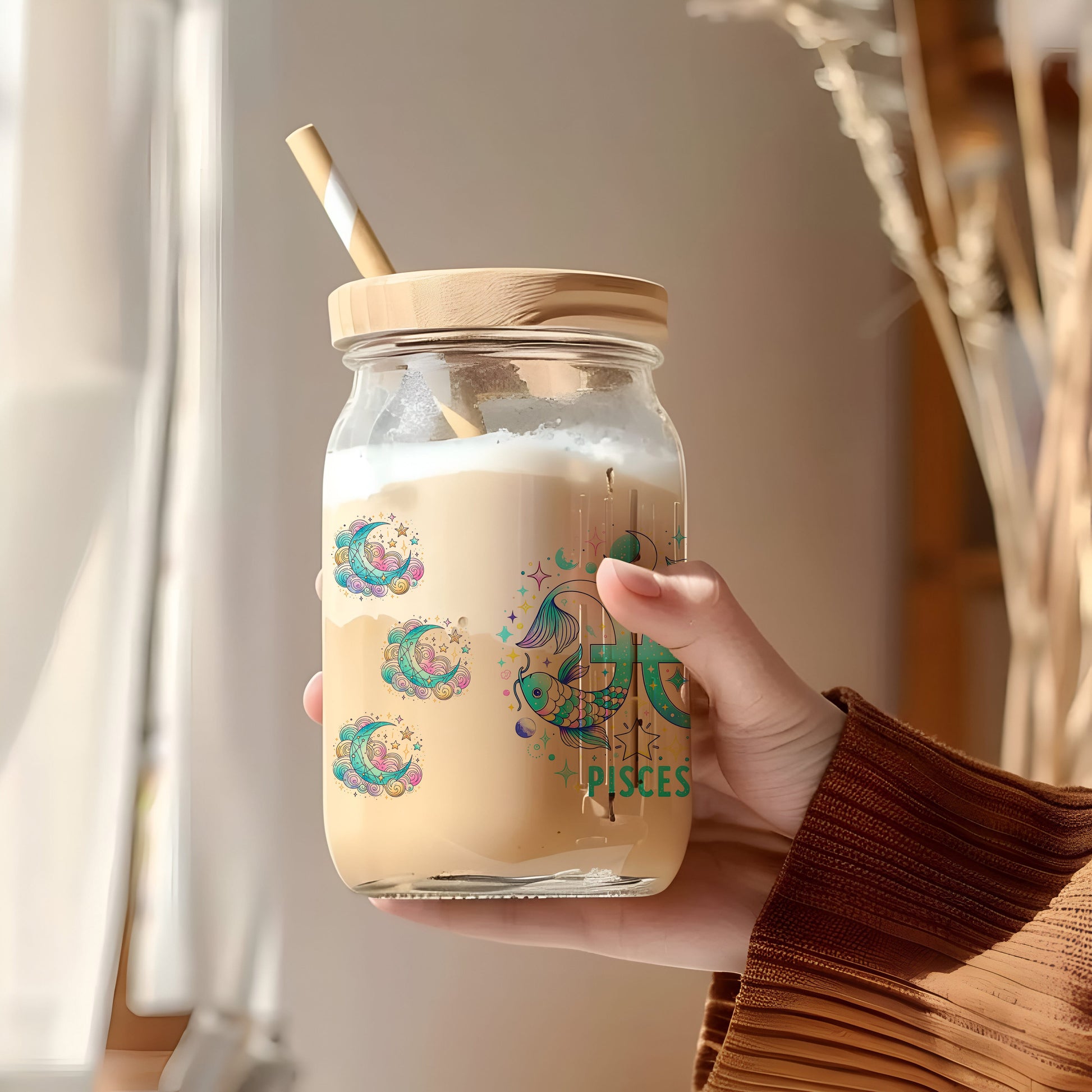 a person holding a jar with a straw in it
