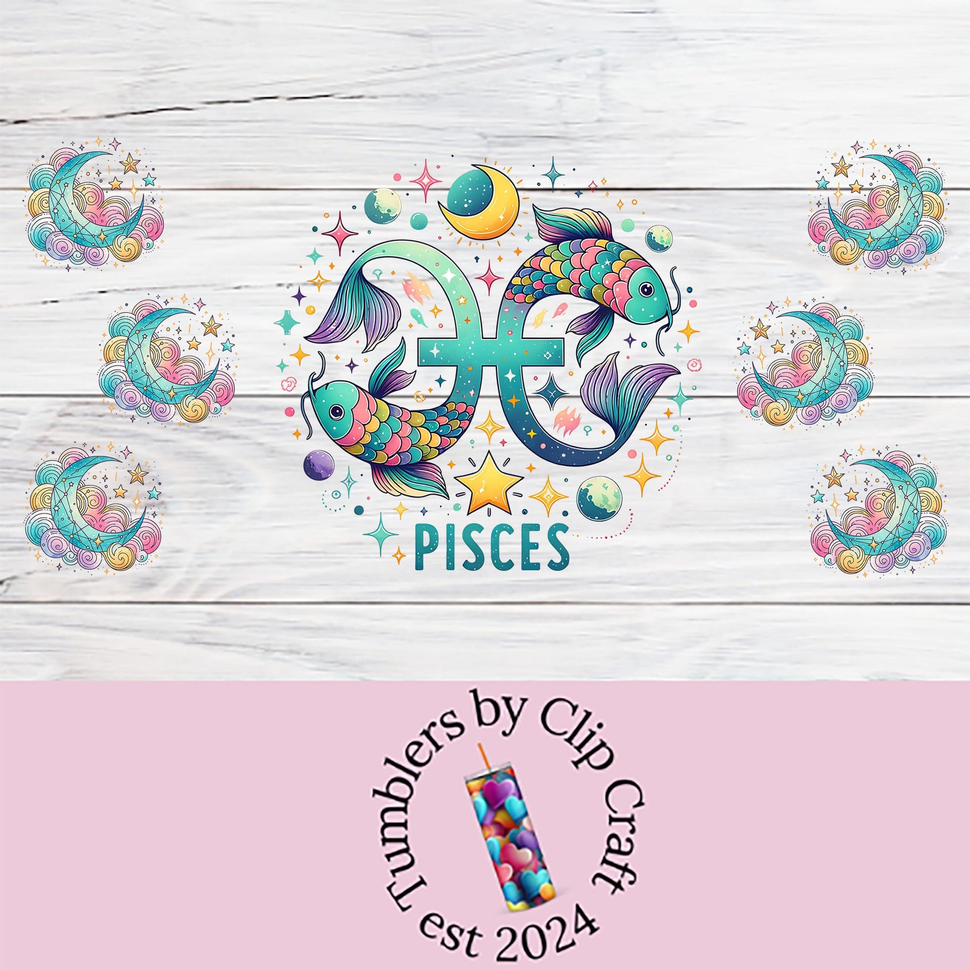 the pisces logo on a white wooden background