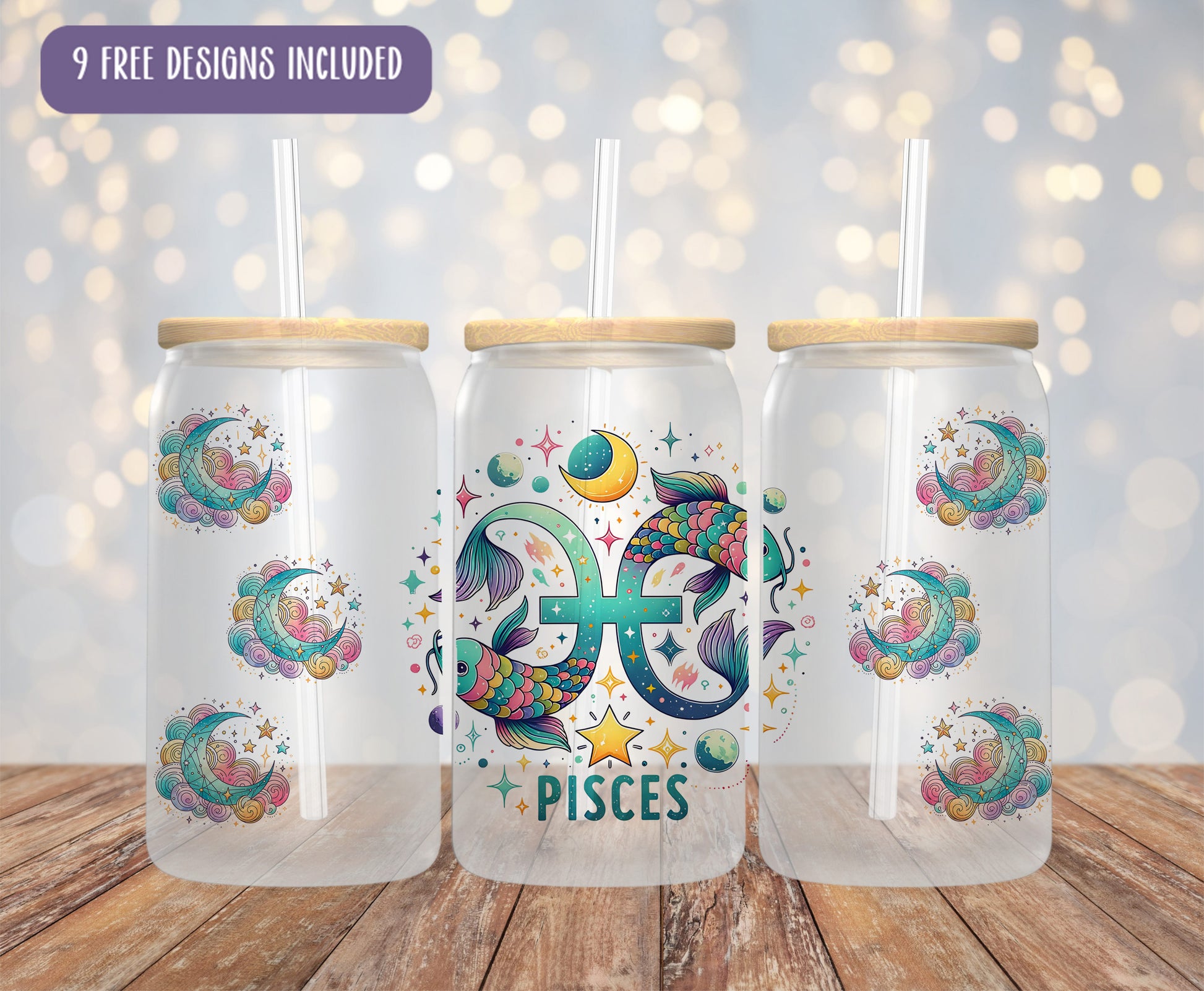 three plastic cups with designs on them sitting on a table
