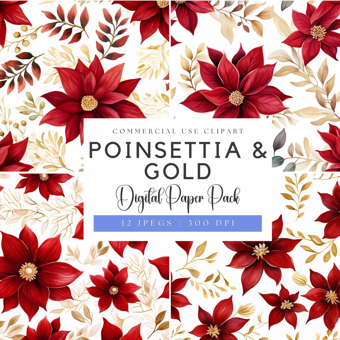 Poinsettia and Gold Floral Digital Papers