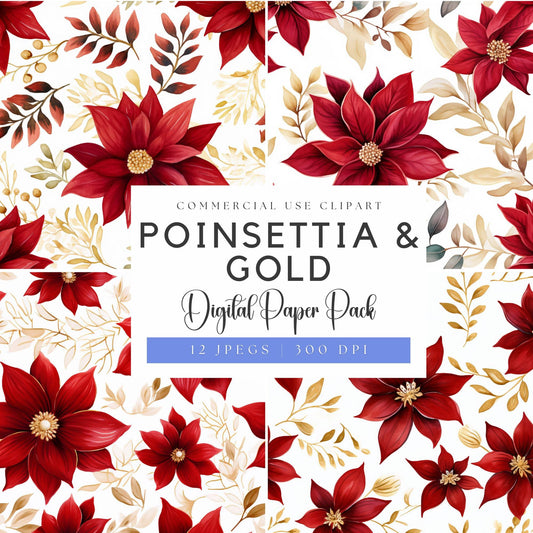 Poinsettia and Gold Floral Digital Papers