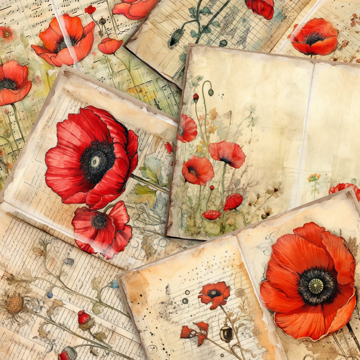 Poppy Floral Junk Journal Pages Vol1 | Floral 6 Digital Journal Pages | Poppy Scrapbook | Summer Journal | US Paper Size | JJ011