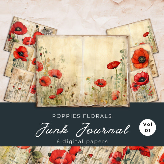 Poppy Floral Junk Journal Pages Vol1 | Floral 6 Digital Journal Pages | Poppy Scrapbook | Summer Journal | US Paper Size | JJ011