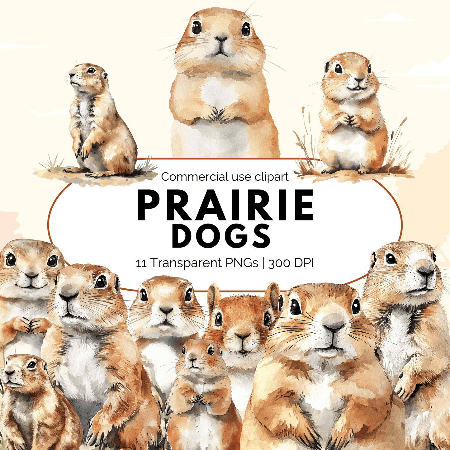 Collection of prairie dogs with text indicating commercial use clipart and file details.