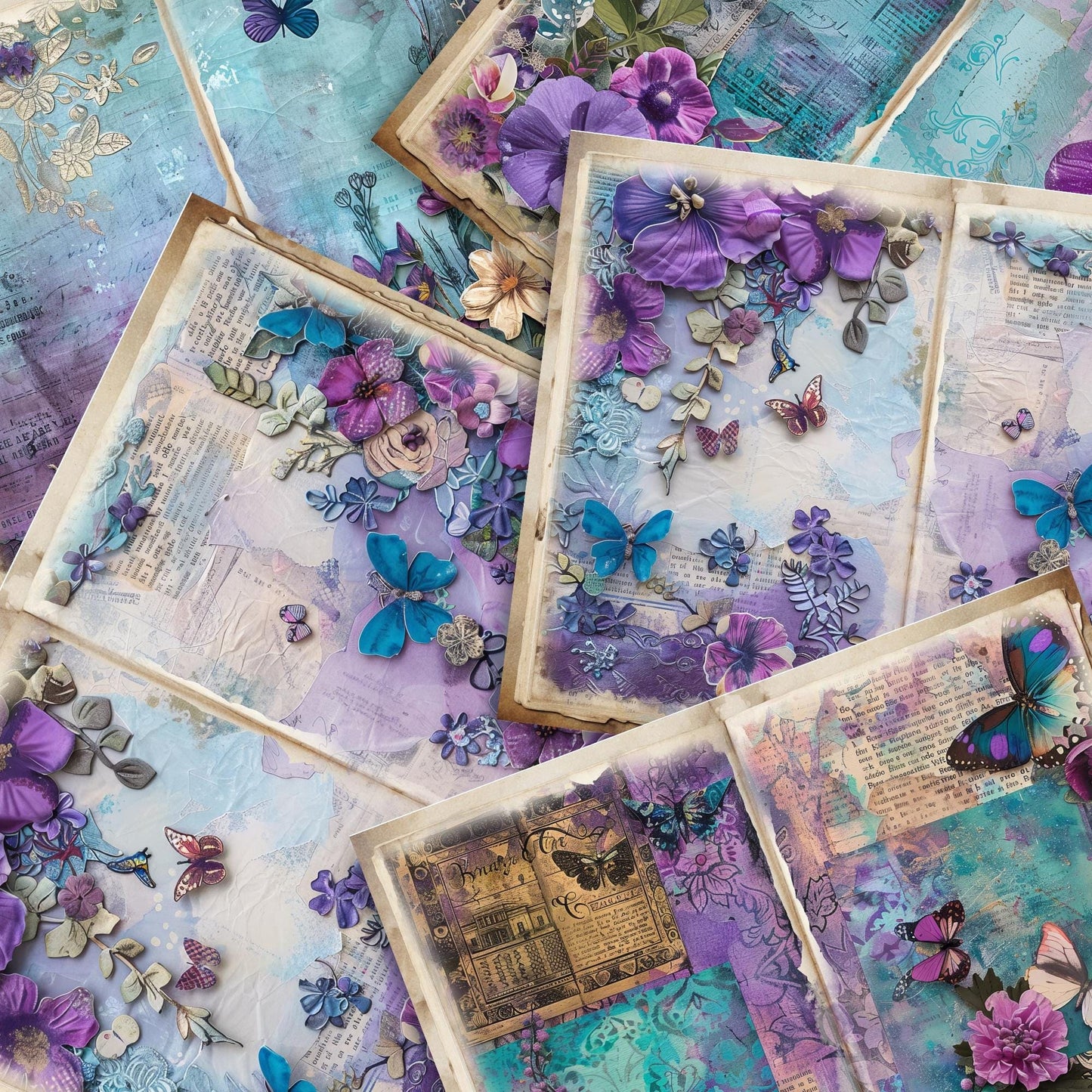 Purple and Teal Floral Junk Journal Pages Vol 1