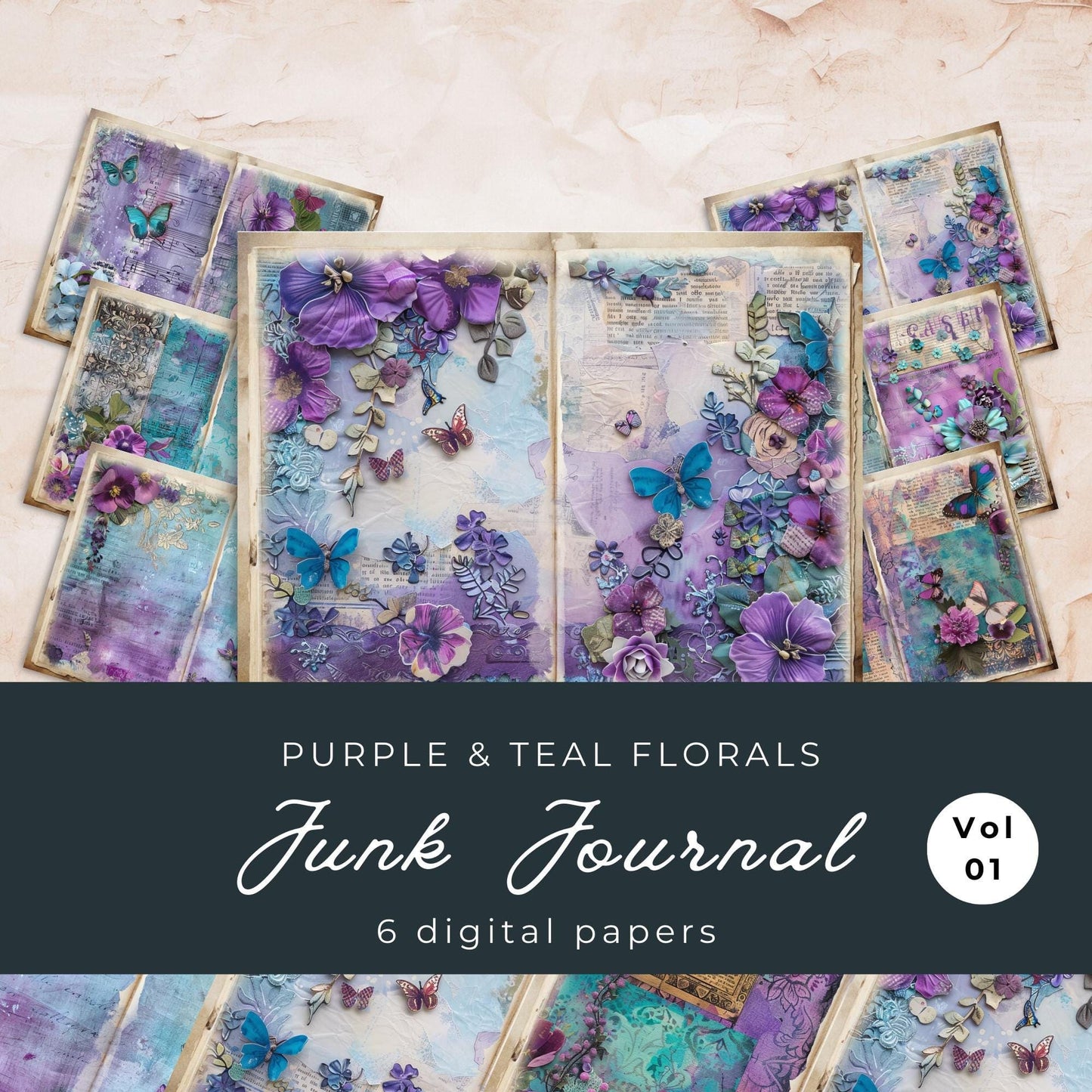 Purple and Teal Floral Junk Journal Pages Vol 1