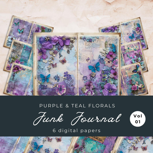 Purple and Teal Floral Junk Journal Pages Vol 1